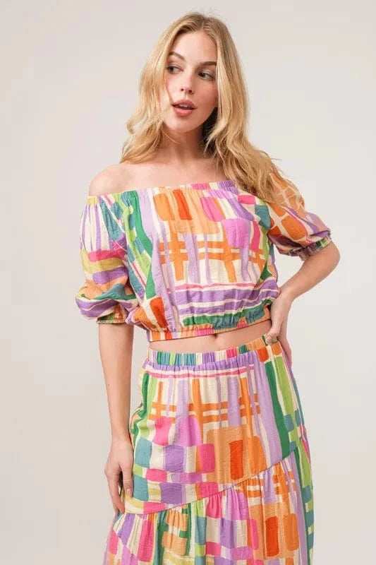 And The Why Puff Sleeve Elastic Edges Geo Printed Crop Top - Trendsi - Flyclothing LLC