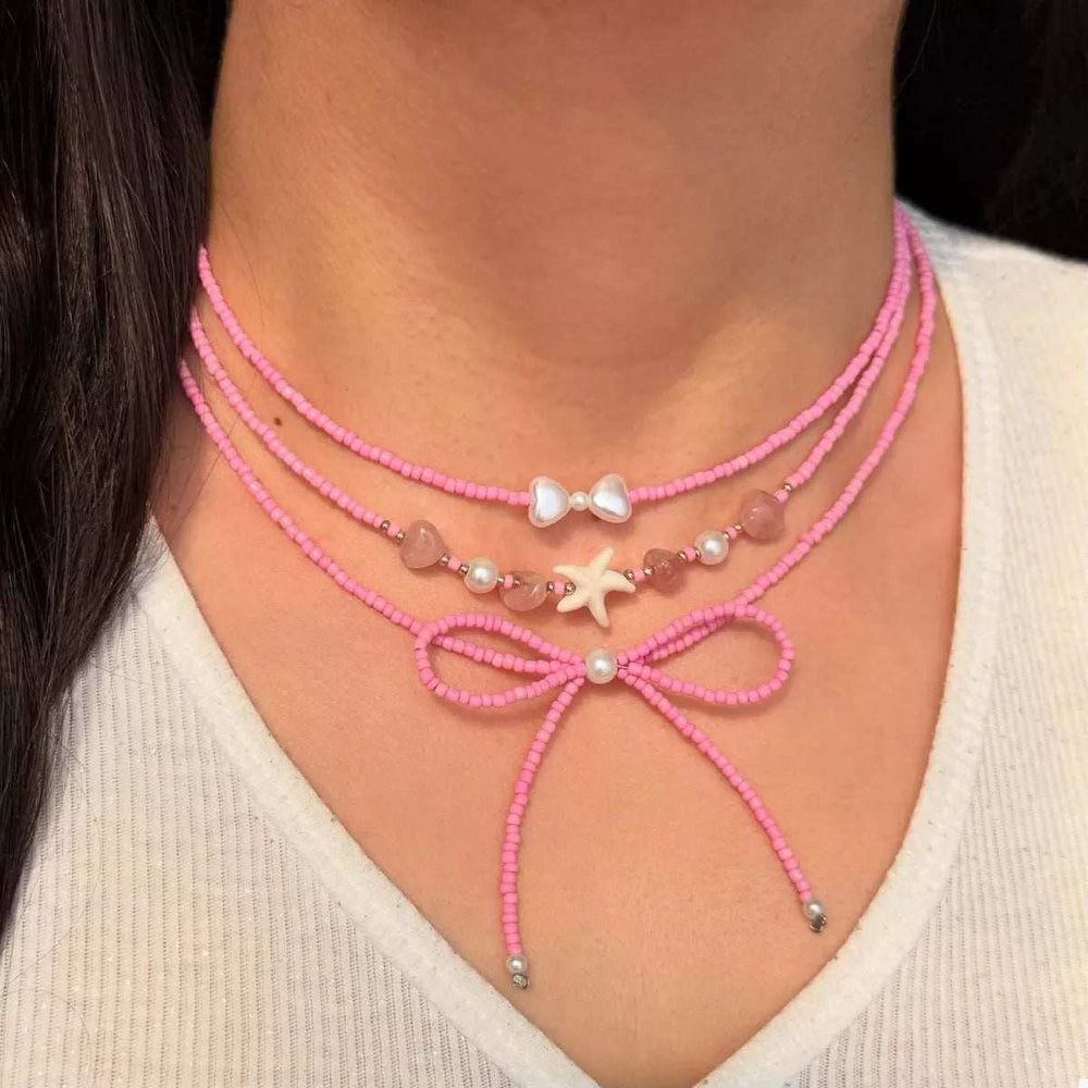 Beaded Three-Layered Necklace with Bow and Starfish Charms - Trendsi - Flyclothing LLC