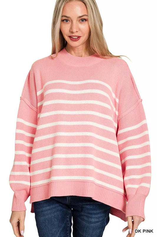 Zenana Exposed Seam Striped Oversized Sweater - Trendsi - Flyclothing LLC