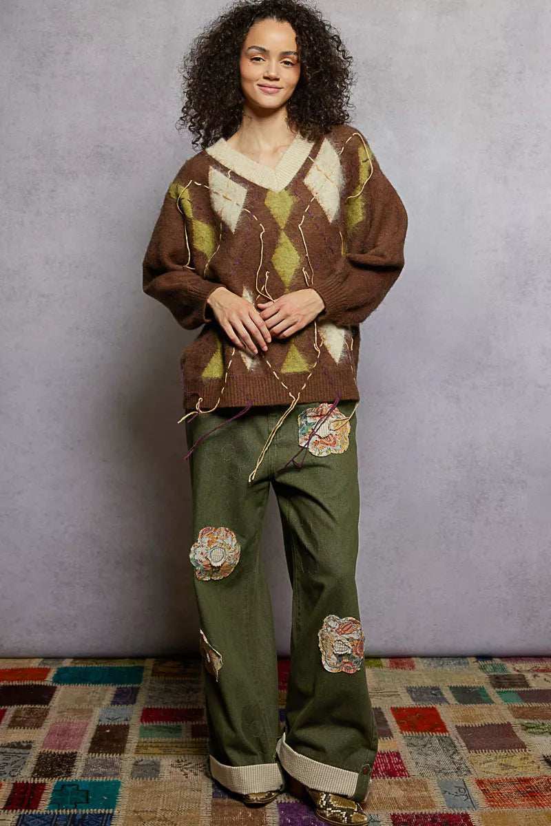 POL V-Neck Argyle Pattern Mohair Sweater with Contrast Exposed Stitch Detail - Trendsi - Flyclothing LLC