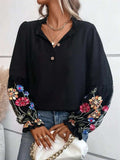 Embroidered Notched Long Sleeve Blouse - Trendsi - Flyclothing LLC
