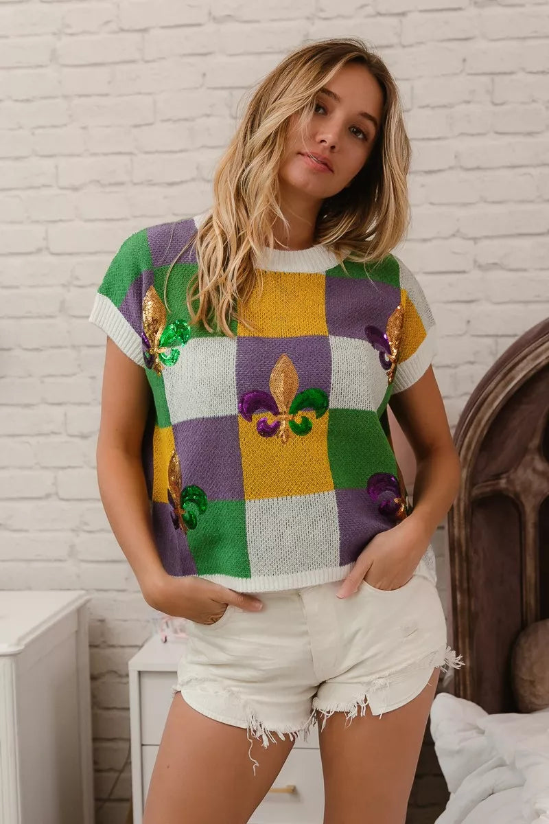 BiBi Sequin Embroidery Mardi Gras Checker Sweater Top - Trendsi - Flyclothing LLC