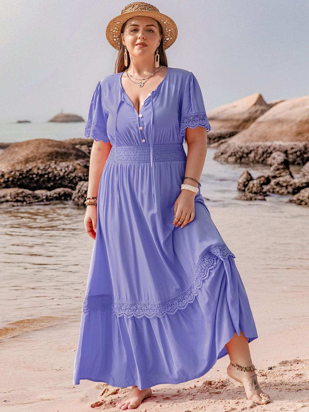 Plus Size Lace Detail Tie Neck Short Sleeve Maxi Dress - Trendsi - Flyclothing LLC