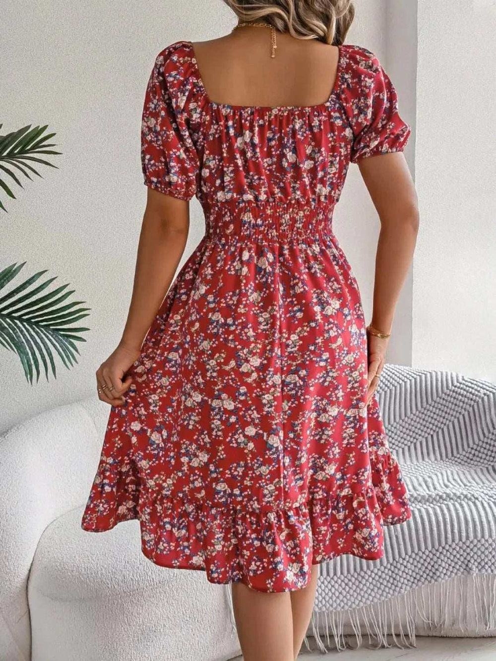 Ruffled Hem Floral Puff Sleeve Dress - Trendsi - Flyclothing LLC