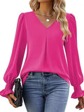 V-Neck Long Sleeve Ruffle Cuff Blouse - Trendsi - Flyclothing LLC