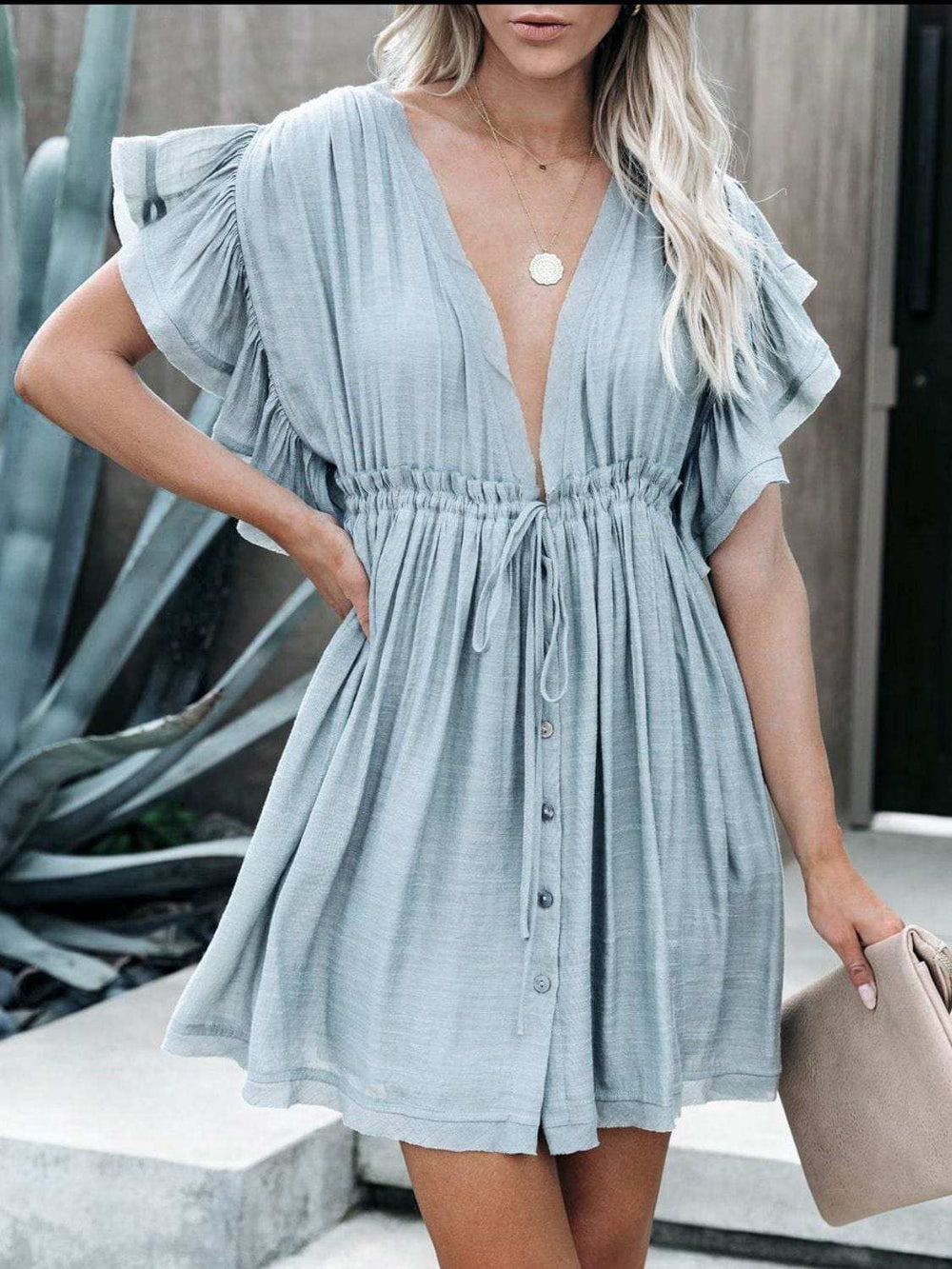 Drawstring Ruffled Half Sleeve Mini Dress - Trendsi - Flyclothing LLC