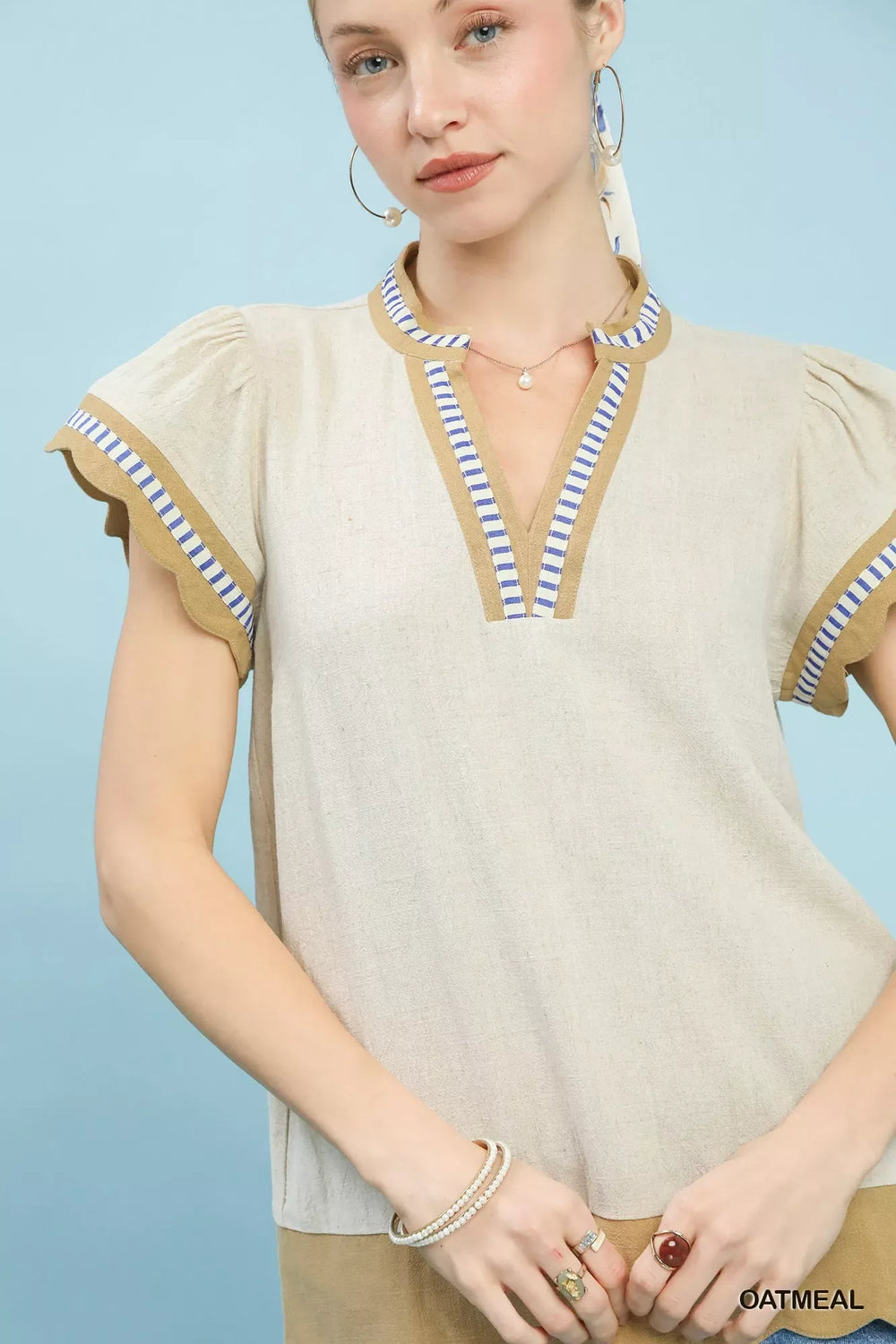 Umgee Contrast Scallop Trim Top - Trendsi - Flyclothing LLC