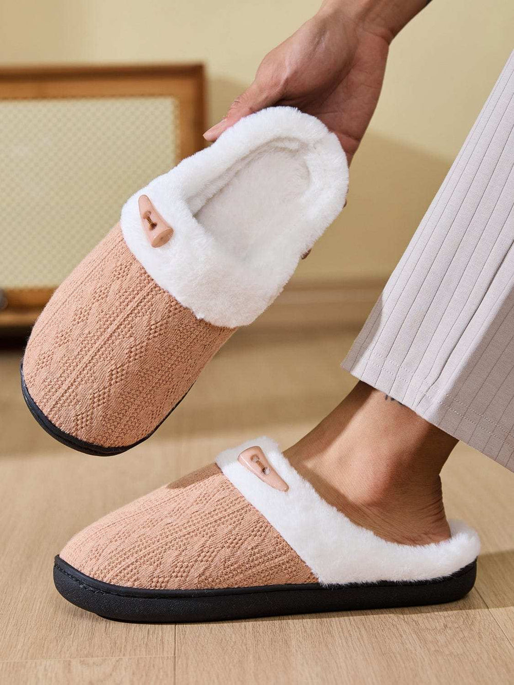 Horn Buckle Furry Texture Flat Slippers - Trendsi - Flyclothing LLC