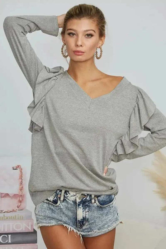 BiBi Triblend V Neck Top with Shoulder Shrring Detail - Trendsi - Flyclothing LLC