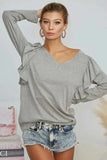 BiBi Triblend V Neck Top with Shoulder Shrring Detail - Trendsi - Flyclothing LLC