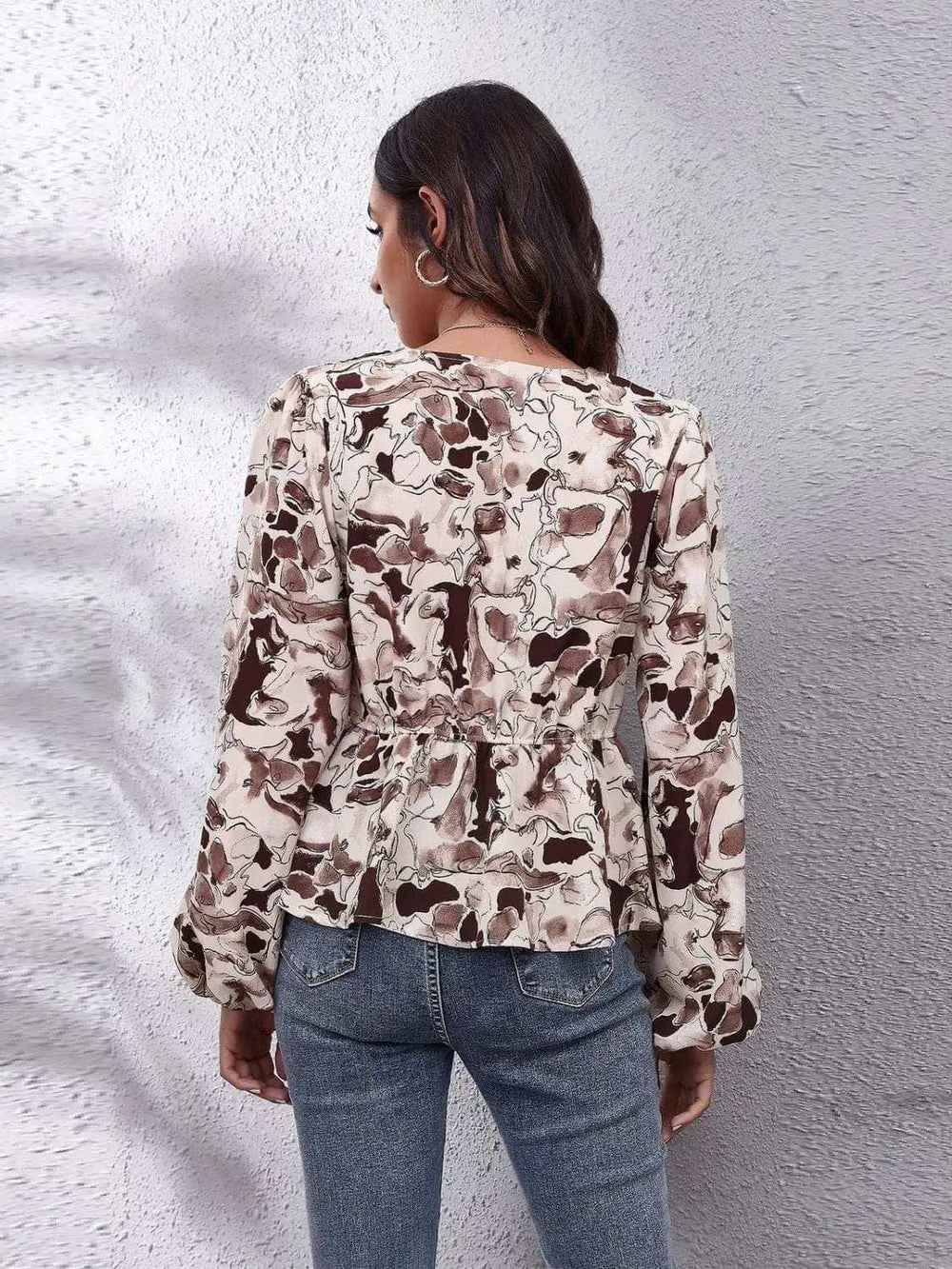 Ruched Printed V-Neck Long Sleeve Blouse - Trendsi - Flyclothing LLC