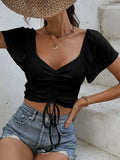 Drawstring Short Sleeve Crop Top - Trendsi - Flyclothing LLC