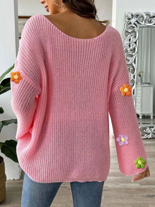 Flower Round Neck Long Sleeve Sweater - Trendsi - Flyclothing LLC