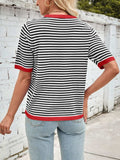 Lovelet Striped Contrast Round Neck Half Sleeve Knit Top - Trendsi - Flyclothing LLC