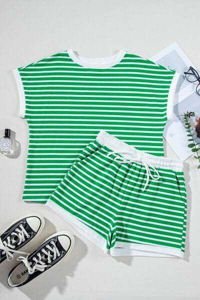 Striped Round Neck Short Sleeve Top and Shorts Set - Trendsi - Flyclothing LLC
