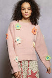 POL Round Neck Long Sleeve Sweater with 3D Floral Patch Detail - Trendsi - Flyclothing LLC