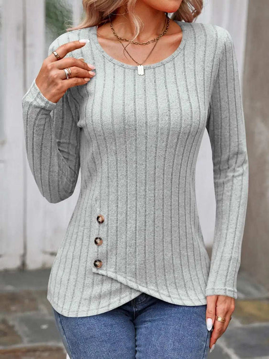 Decorative Button Round Neck Long Sleeve T-Shirt - Trendsi - Flyclothing LLC