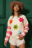 BiBi Colorful Floral Patched Sweater with Striped Sleeve - Trendsi - Flyclothing LLC