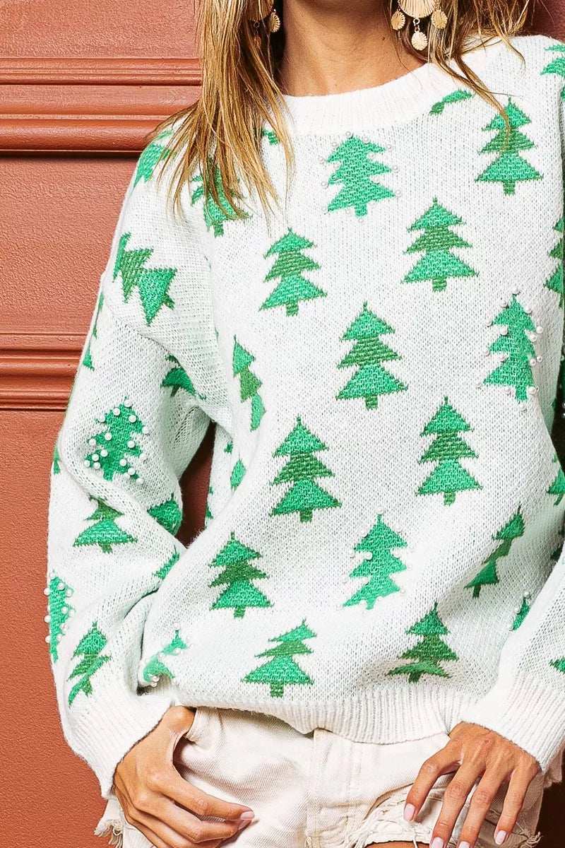 BiBi Pearl Beads Tree Pattern Christmas Sweater - Trendsi - Flyclothing LLC
