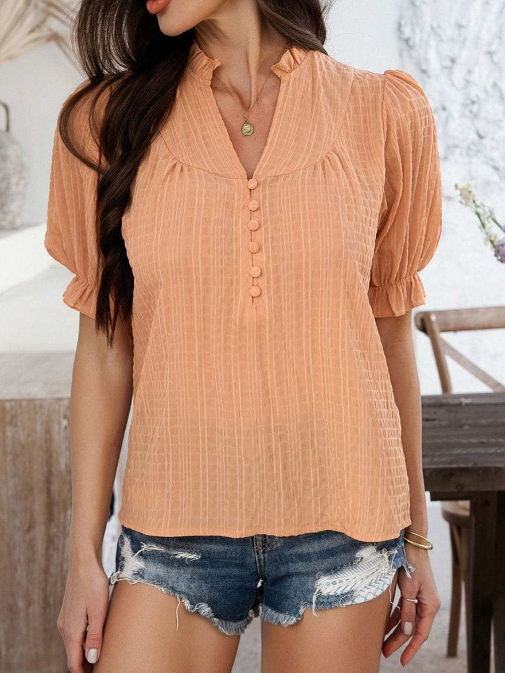 Devine Frill Notched Short Sleeve Blouse - Trendsi - Flyclothing LLC