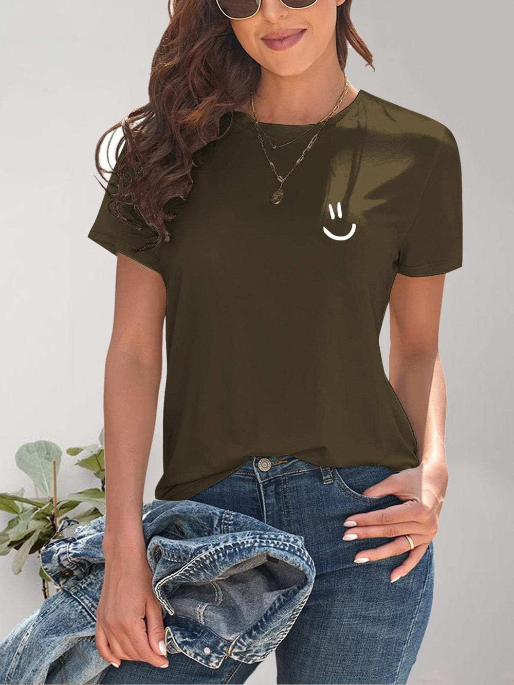 Smile Graphic Round Neck Short Sleeve T-Shirt - Trendsi - Flyclothing LLC
