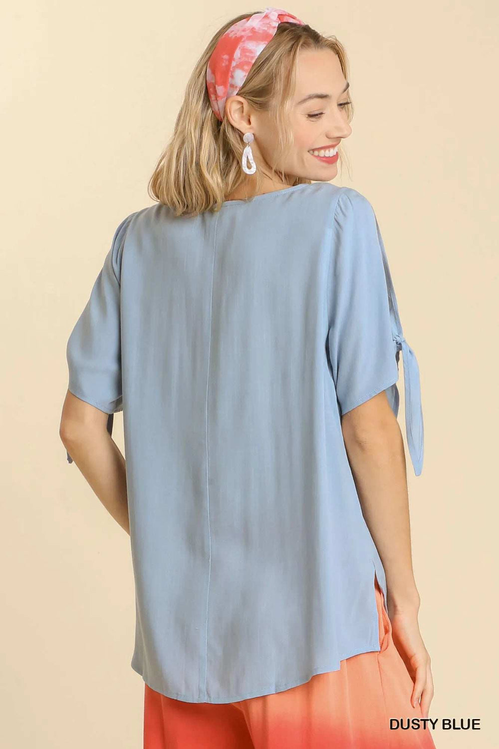 Umgee Cold Shoulder Short Sleeve Round Neck Top with Side Slits and Tie-able Knot Details - Trendsi - Flyclothing LLC