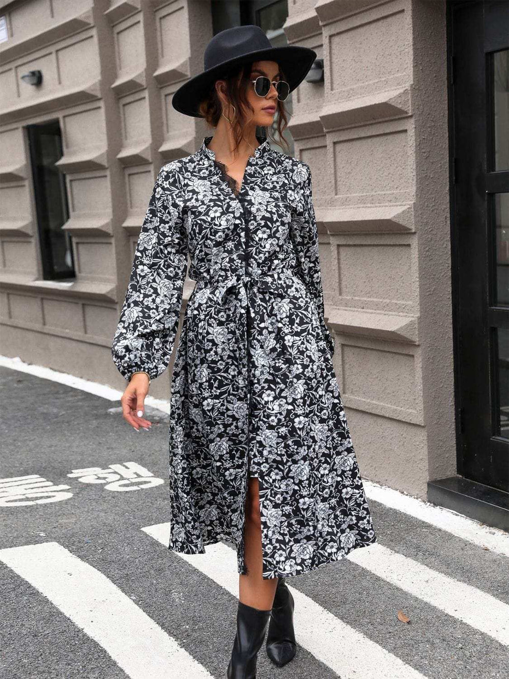 Lace Detail Printed Long Sleeve Midi Dress - Trendsi - Flyclothing LLC