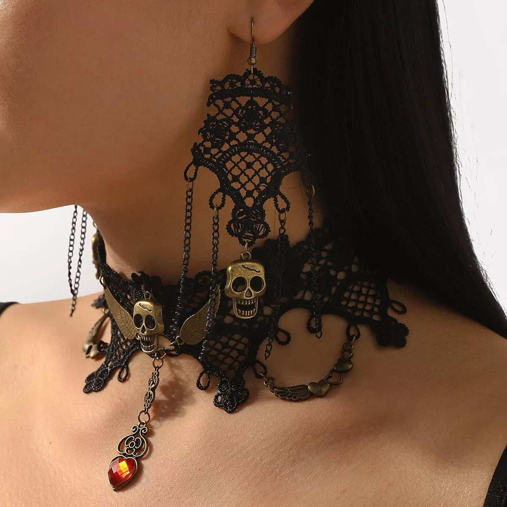 Halloween Lace Skull Necklace and Earrings Jewelry Set - Trendsi - Flyclothing LLC