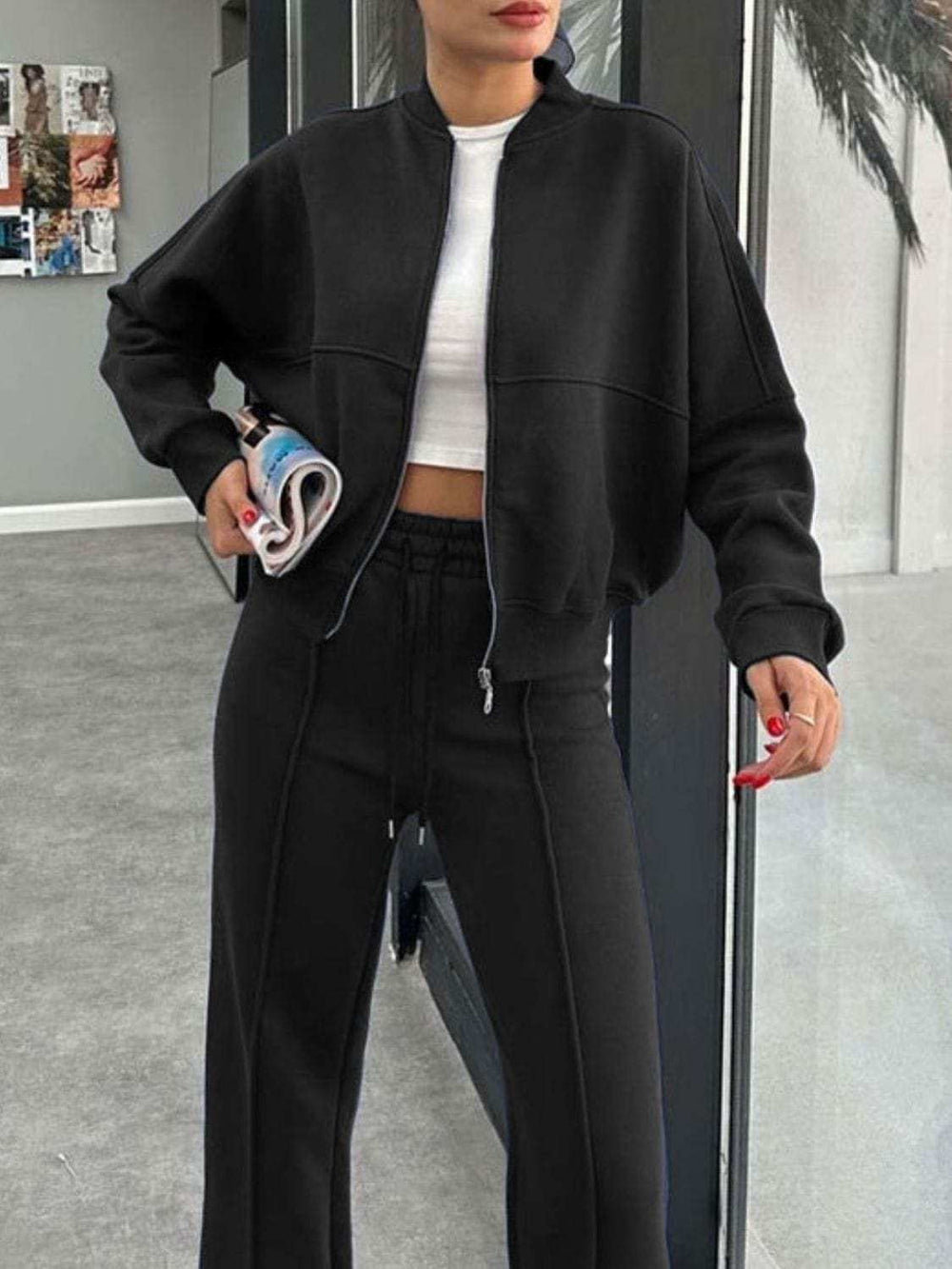 Baseball Collar Zip Up Outerwear and Drawstring Pants Set - Trendsi - Flyclothing LLC