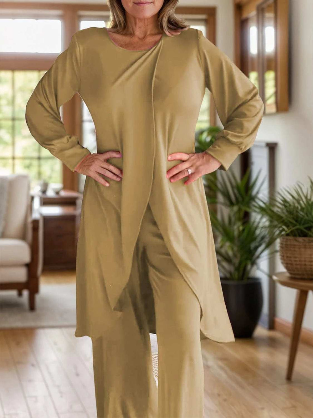 Full Size Slit Round Neck Long Sleeve Top and Pants Set - Trendsi - Flyclothing LLC