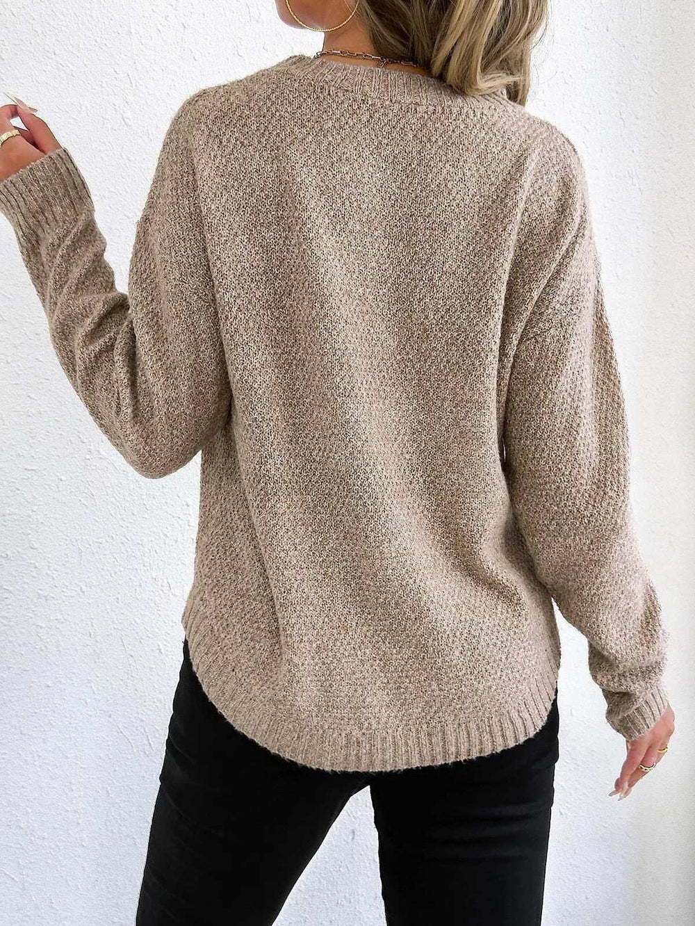 Textured Knit Relaxed Fit Round Neck Sweater - Trendsi - Flyclothing LLC