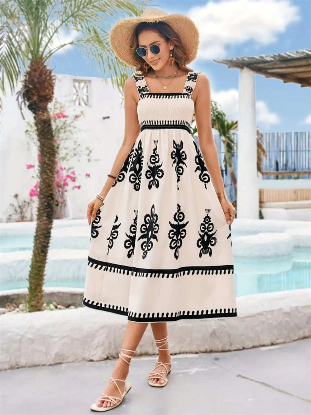 Printed Square Neck Wide Strap Midi Dress - Trendsi - Flyclothing LLC