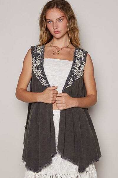 POL Embroidered Pearls Open Front Sleeveless Cardigan - Trendsi - Flyclothing LLC