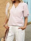 Striped Notched Puff Sleeve Blouse - Trendsi - Flyclothing LLC