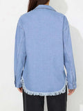 Raw Hem Pearl Trim Collared Neck Denim Top - Trendsi - Flyclothing LLC
