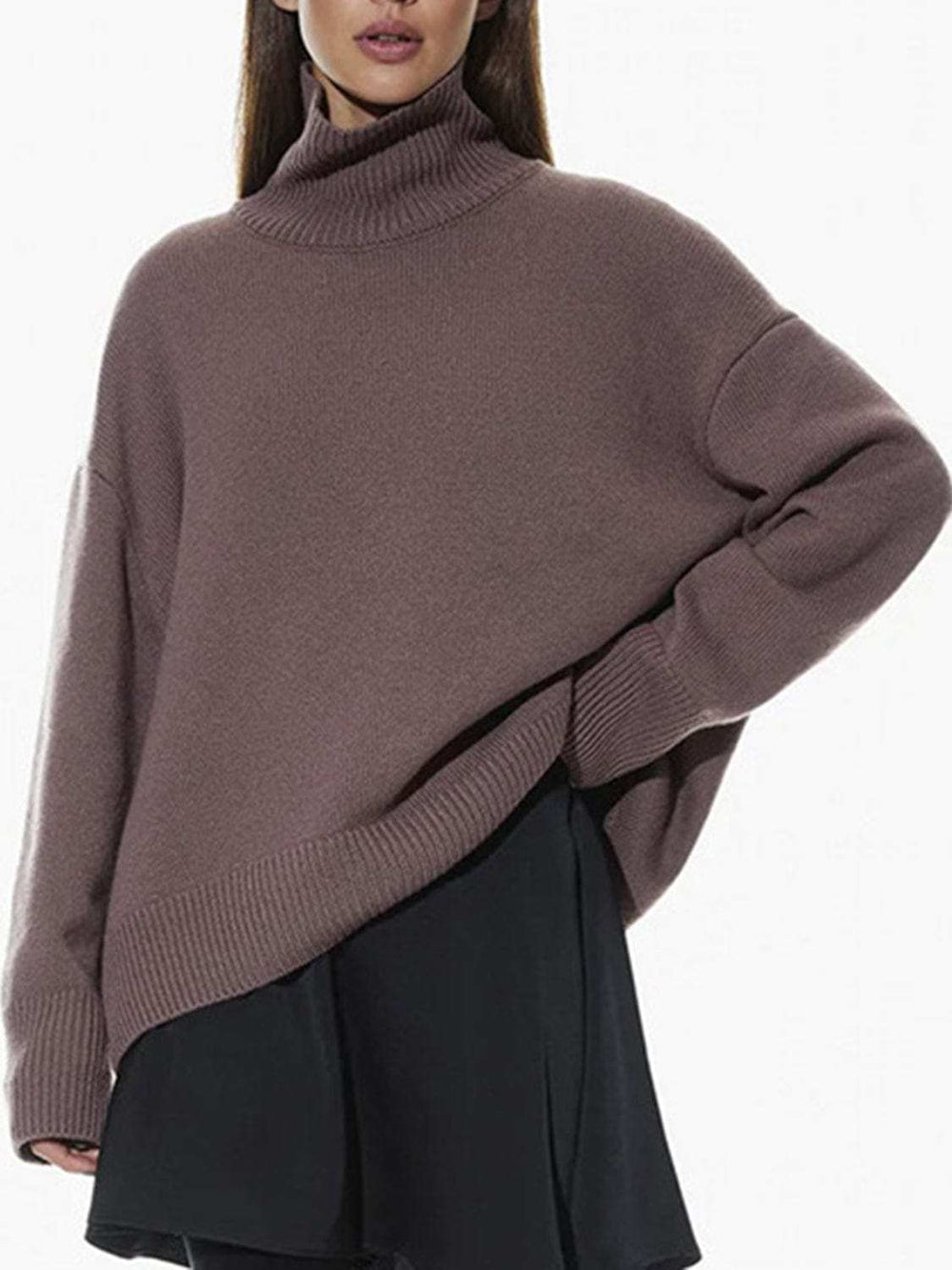 Ribbed Detail Turtleneck Dropped Shoulder Sweater - Trendsi - Flyclothing LLC