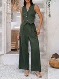 Devine Button Down Vest and Wide Leg Pants Set - Trendsi - Flyclothing LLC