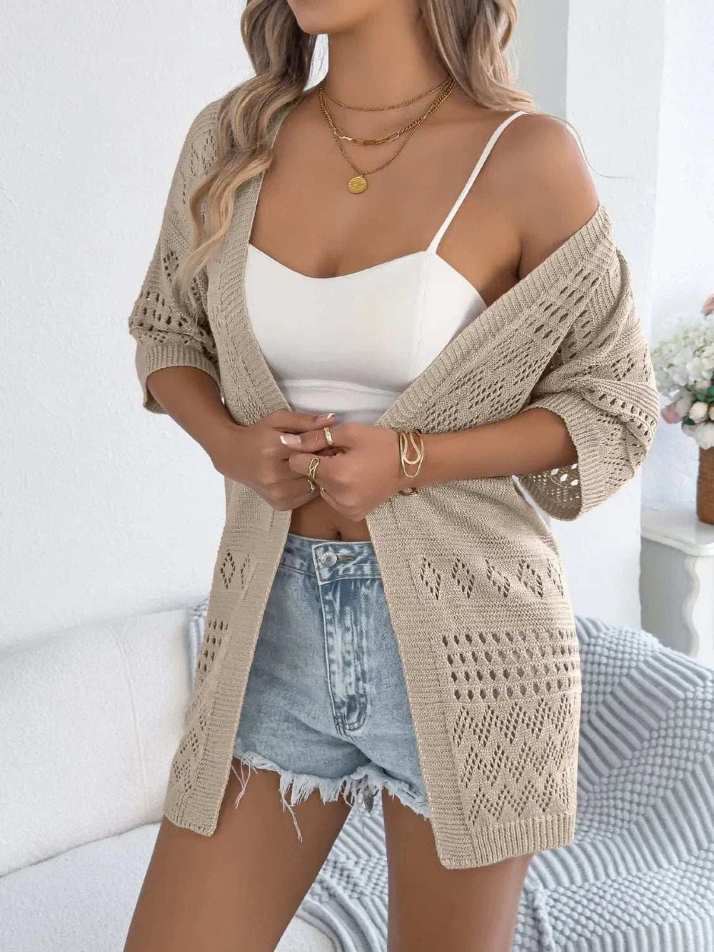 Openwork Open Front Half Sleeve Cardigan - Trendsi - Flyclothing LLC