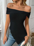 Ribbed Off-Shoulder Asymmetrical Hem T-Shirt - Trendsi - Flyclothing LLC