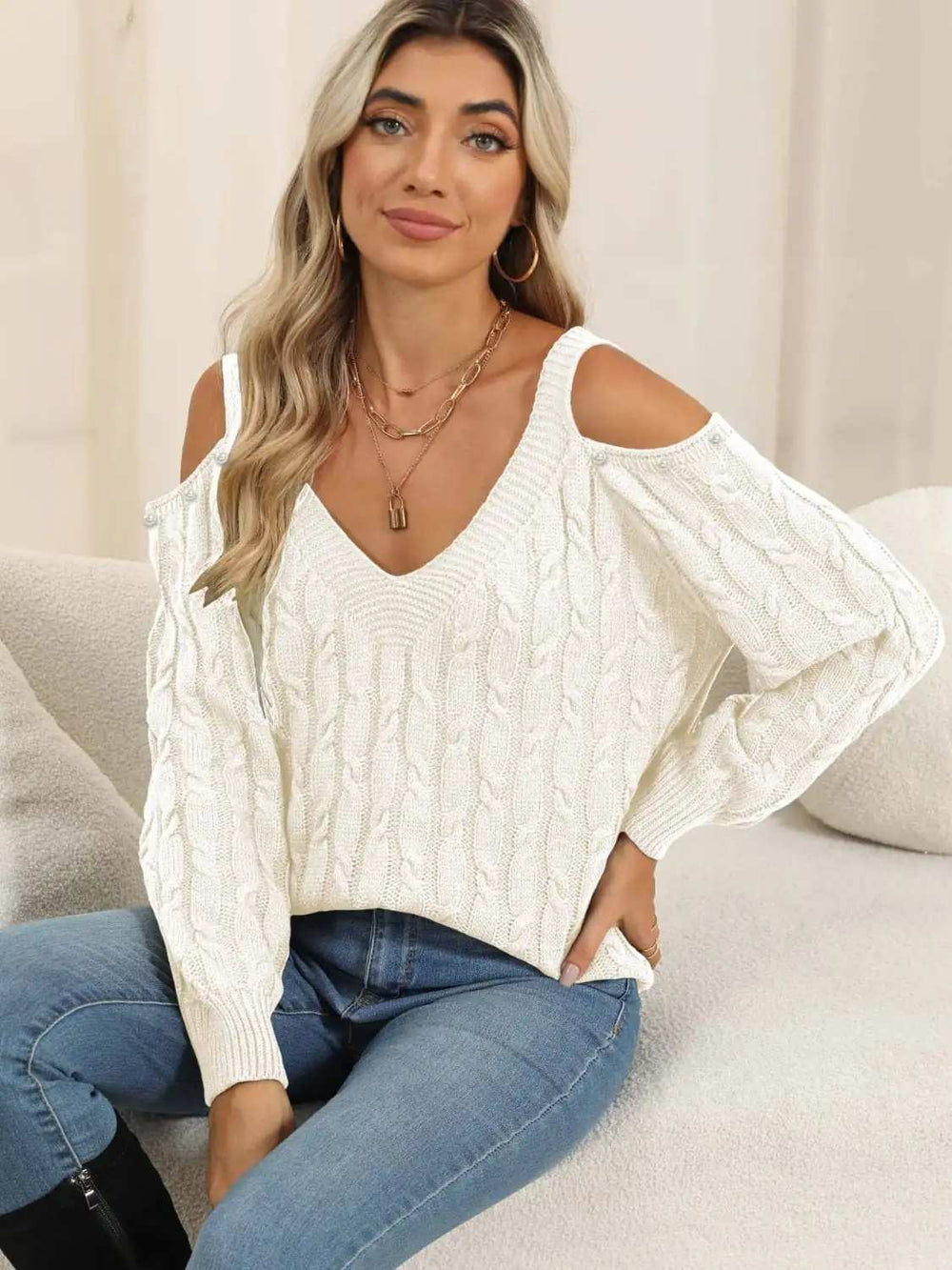 Cable-Knit Cold Shoulder Sweater - Trendsi - Flyclothing LLC