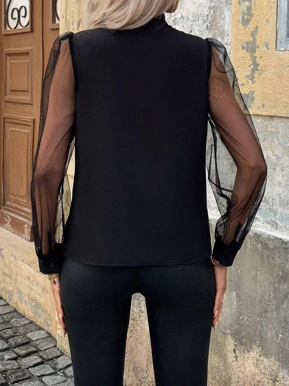 Tie Neck Long Sleeve Blouse - Trendsi - Flyclothing LLC