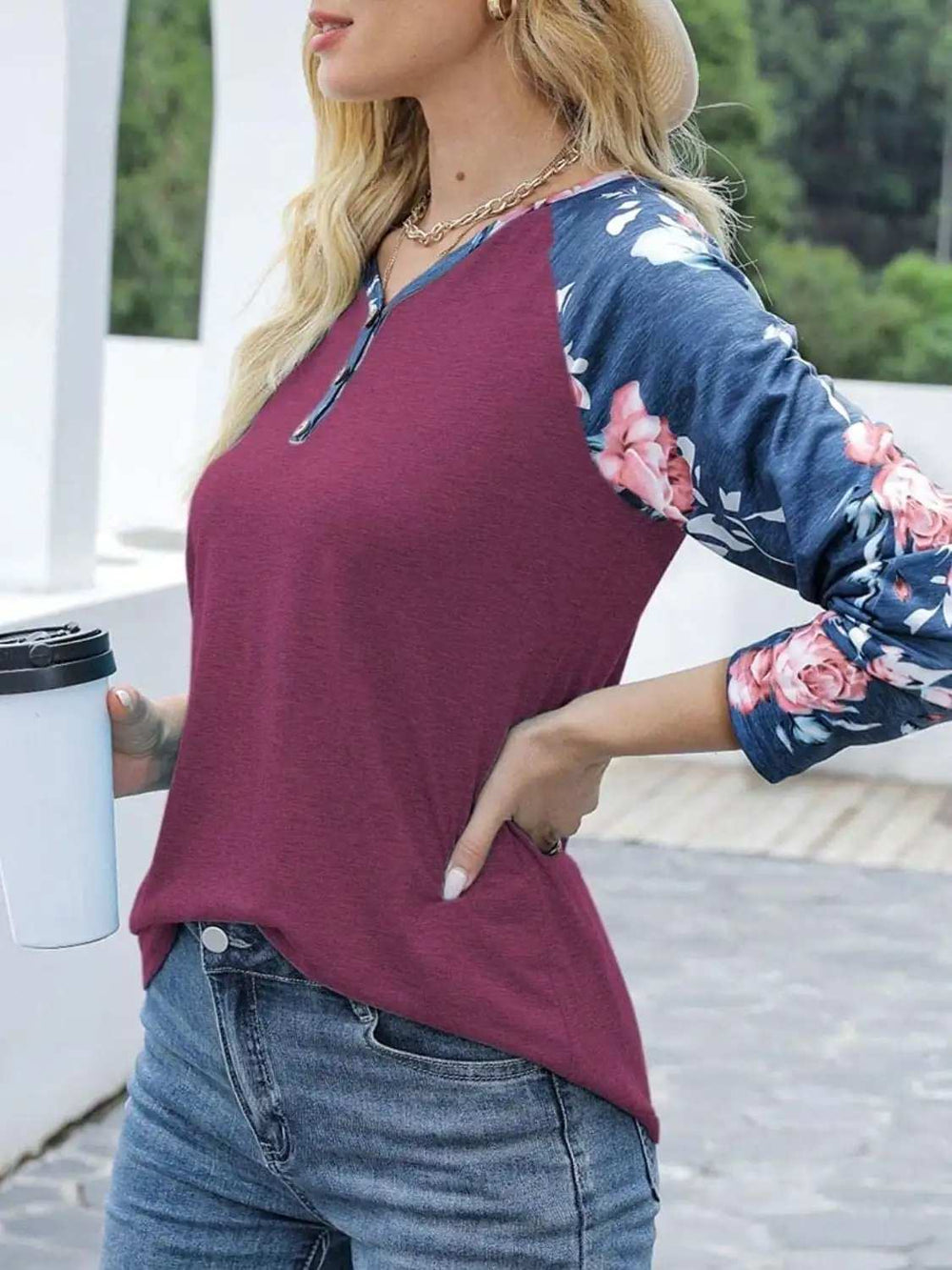 V-Neck Floral Long Sleeve T-Shirt - Trendsi - Flyclothing LLC