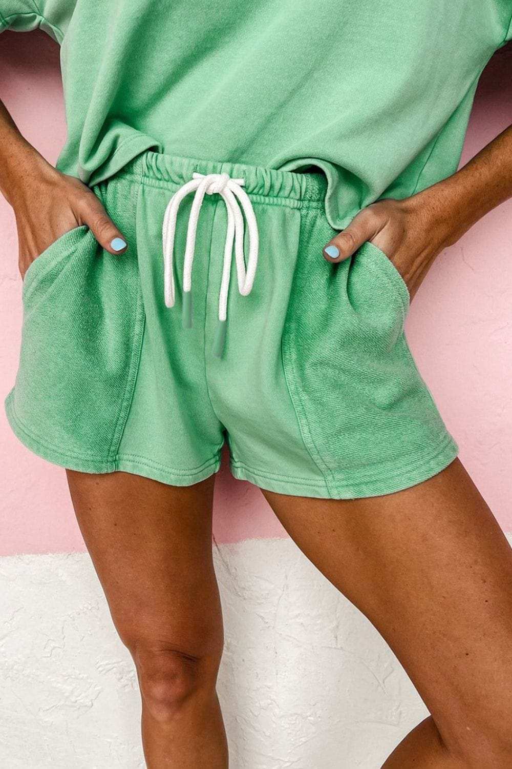 V-Neck Short Sleeve Loose Top and Drawstring Shorts Set - Trendsi - Flyclothing LLC