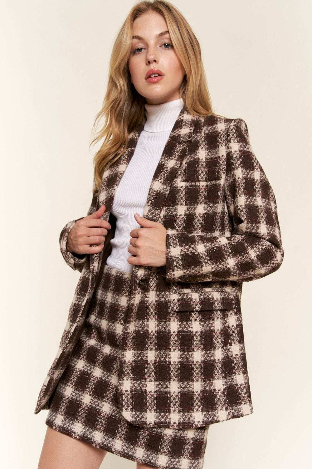 And The Why Full Size Plaid Brushed One Button Blazer - Trendsi - Flyclothing LLC
