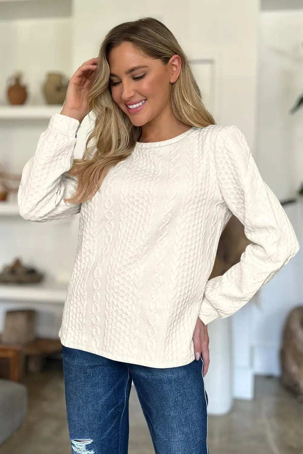 Textured Round Neck Long Sleeve Sweatshirt - Trendsi - Flyclothing LLC