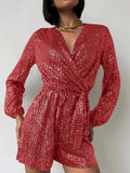Full Size Sequin Surplice Tie Waist Long Sleeve Romper - Trendsi - Flyclothing LLC