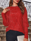 Sequin Boat Neck Long Sleeve Top - Trendsi - Flyclothing LLC