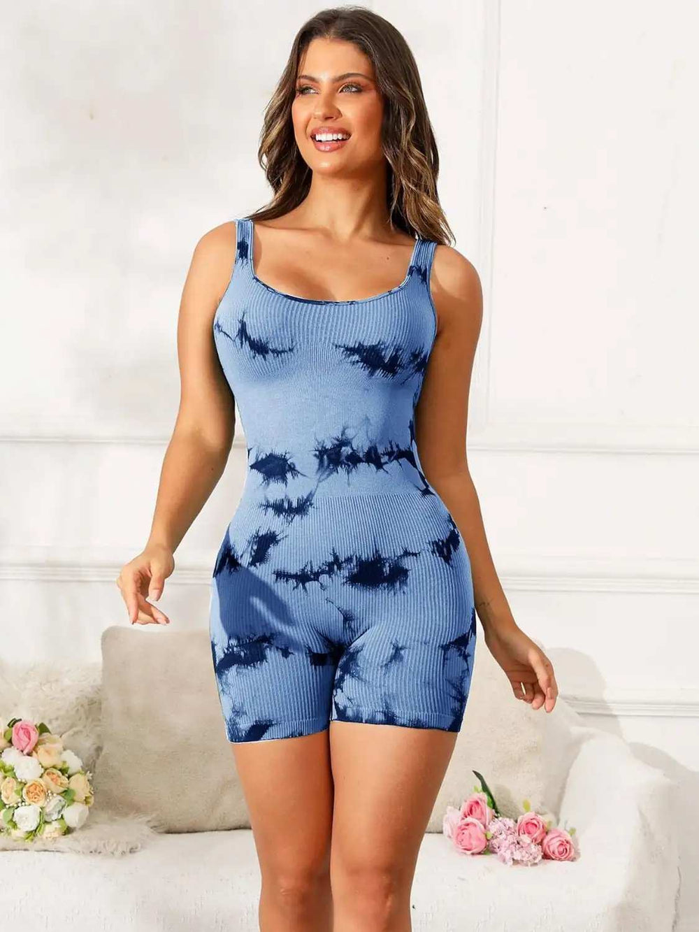 Tie-Dye Wide Strap Active Romper - Trendsi - Flyclothing LLC