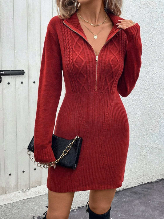 Perfee Cable-Knit Half Zip Long Sleeve Sweater Dress - Trendsi - Flyclothing LLC