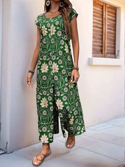 Perfee Printed Round Neck Cap Sleeve Wide Leg Jumpsuit - Trendsi - Flyclothing LLC